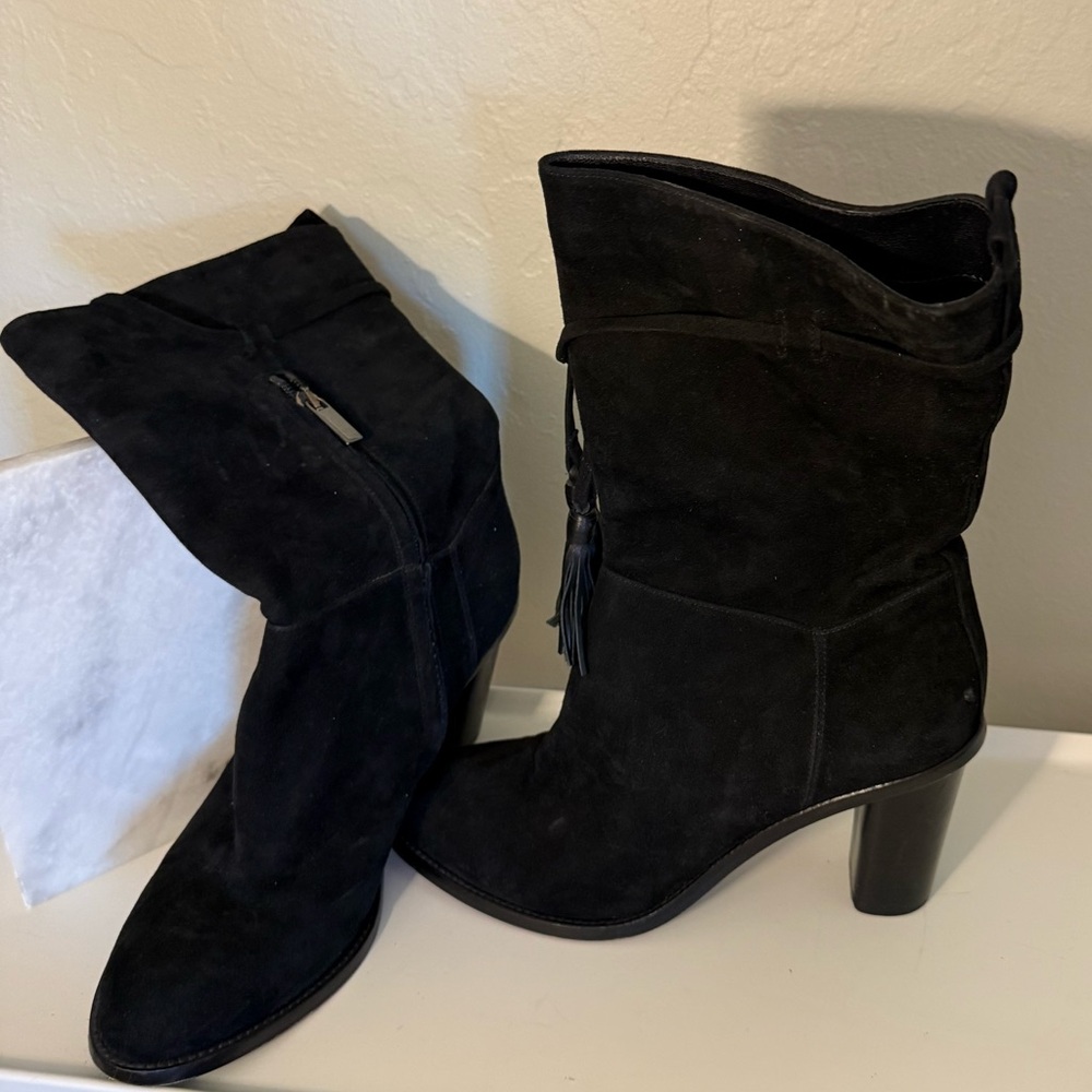 Bianca Spender Black Suede Tassel Calf-High Boots, Size 39 (US 8.5–9)